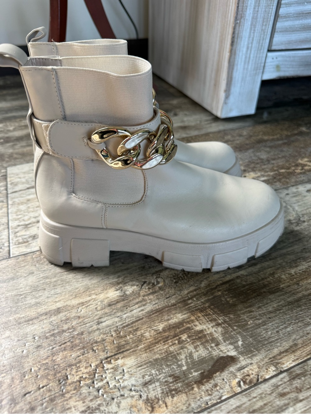 Rachel Zoe beige Lyra Chelsea Combat Boots Chunky Chain Platform Boots